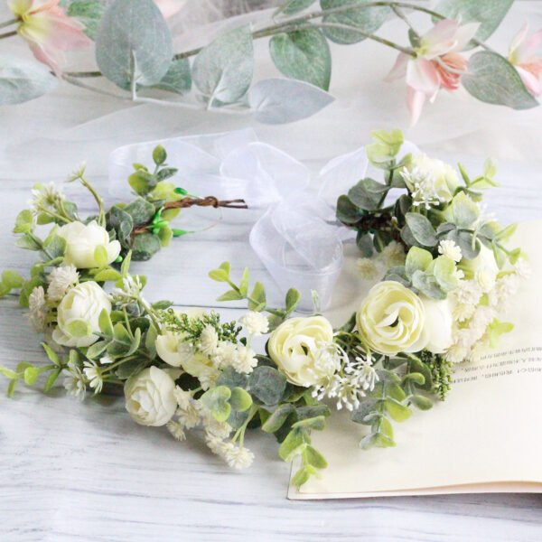 Forest style curled edge rose headband, simulated starry sky, eucalyptus wreath, bride's wedding dress, photography, headwear - Image 5