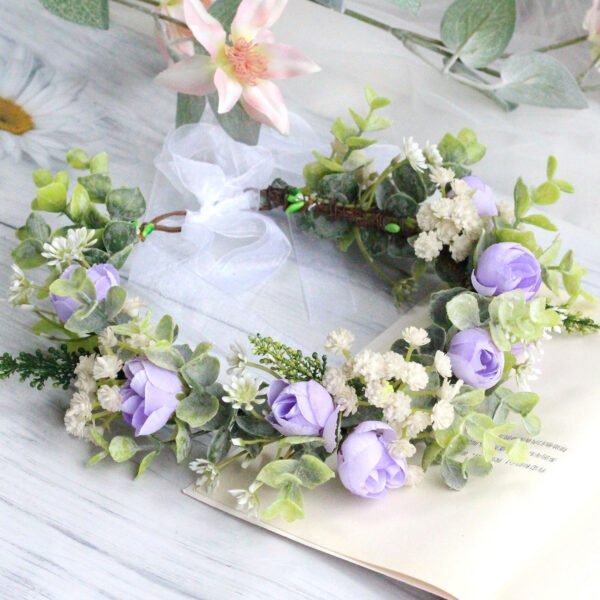 Forest style curled edge rose headband, simulated starry sky, eucalyptus wreath, bride's wedding dress, photography, headwear - Image 4