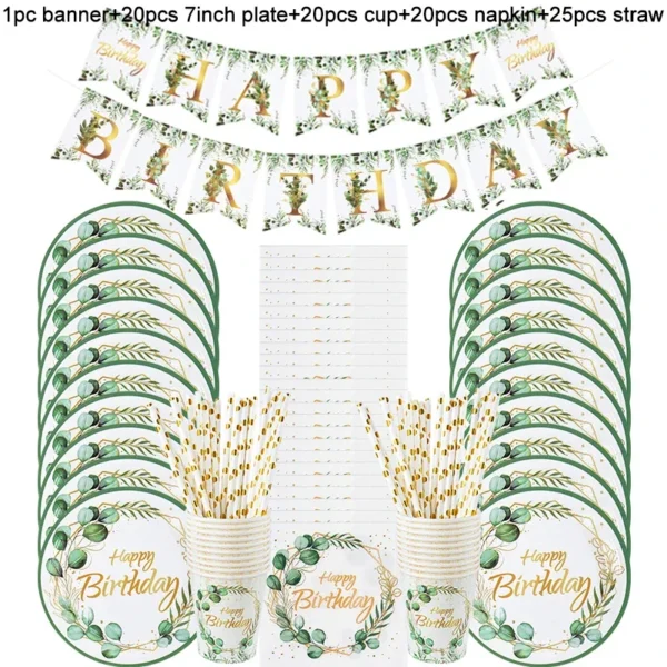 Green Eucalyptus Leaf Disposable Tableware Set Paper Plate Cup Napkin Kids Adult Birthday Supplies Hawaiian Summer Party Decor - Image 18