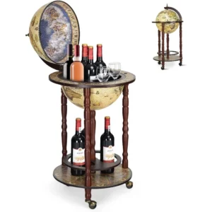 Eucalyptus Wood Globe Drinks Cabinet Retro Mini Bar Cart Whiskey Wine Trolley 360 Degree Wheels Open Shelves Space Saving Design