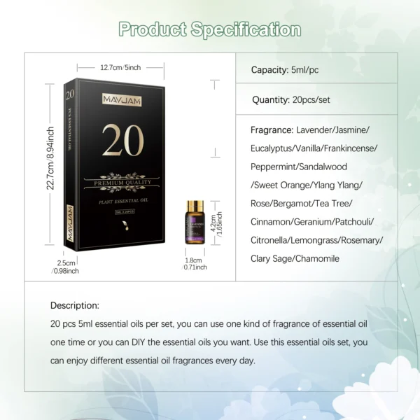 MAYJAM 20 Bottles Essential Oils Kit Set Lavender Jasmine Eucalyptus Vanilla Sandalwood Sweet Orange Geranium Patchouli - Image 5
