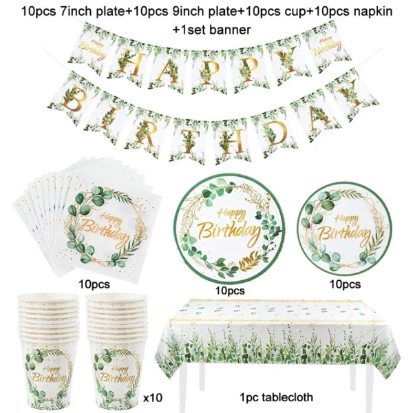 Green Eucalyptus Leaf Disposable Tableware Set Paper Plate Cup Napkin Kids Adult Birthday Supplies Hawaiian Summer Party Decor - Image 14
