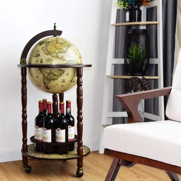 Eucalyptus Wood Globe Drinks Cabinet Retro Mini Bar Cart Whiskey Wine Trolley 360 Degree Wheels Open Shelves Space Saving Design - Image 4