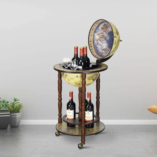 Eucalyptus Wood Globe Drinks Cabinet Retro Mini Bar Cart Whiskey Wine Trolley 360 Degree Wheels Open Shelves Space Saving Design - Image 2