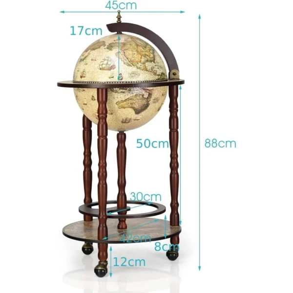 Eucalyptus Wood Globe Drinks Cabinet Retro Mini Bar Cart Whiskey Wine Trolley 360 Degree Wheels Open Shelves Space Saving Design - Image 3