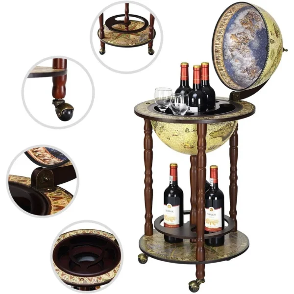 Eucalyptus Wood Globe Drinks Cabinet Retro Mini Bar Cart Whiskey Wine Trolley 360 Degree Wheels Open Shelves Space Saving Design - Image 5