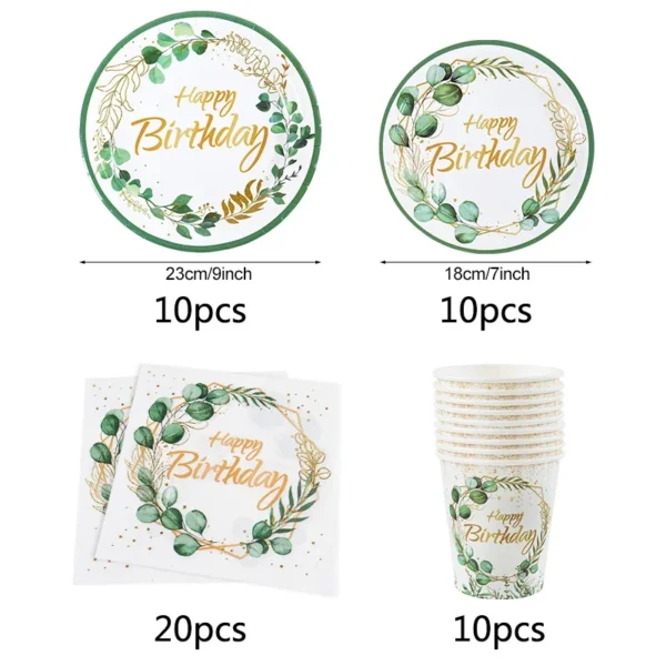 Green Eucalyptus Leaf Disposable Tableware Set Paper Plate Cup Napkin Kids Adult Birthday Supplies Hawaiian Summer Party Decor - Image 4