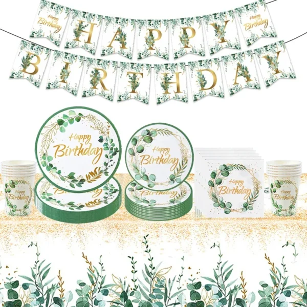 Green Eucalyptus Leaf Disposable Tableware Set Paper Plate Cup Napkin Kids Adult Birthday Supplies Hawaiian Summer Party Decor - Image 3
