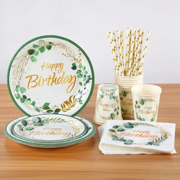 Green Eucalyptus Leaf Disposable Tableware Set Paper Plate Cup Napkin Kids Adult Birthday Supplies Hawaiian Summer Party Decor - Image 2