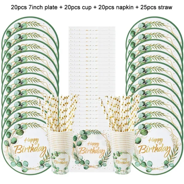 Green Eucalyptus Leaf Disposable Tableware Set Paper Plate Cup Napkin Kids Adult Birthday Supplies Hawaiian Summer Party Decor - Image 16