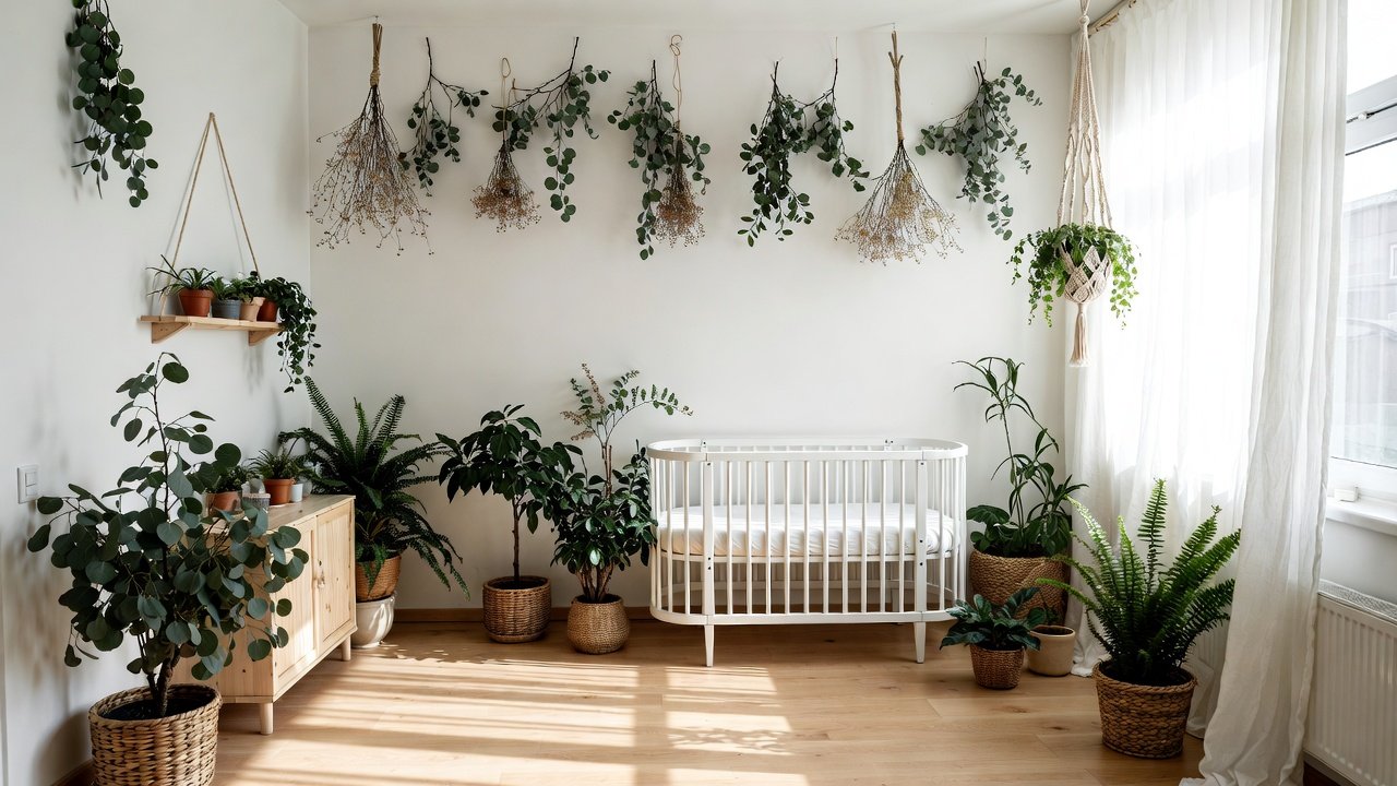 Tall faux eucalyptus tree styled as a statement piece in a bright room
