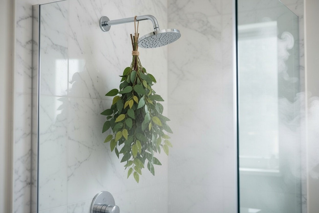 Eucalyptus shower bunch releasing aromatic steam for a spa-like experience