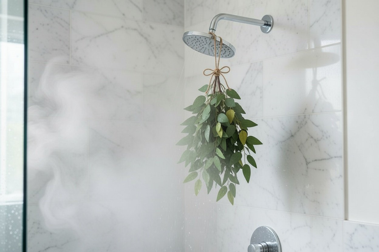 Fresh eucalyptus bunch hanging in a shower for spa-like aromatherapy